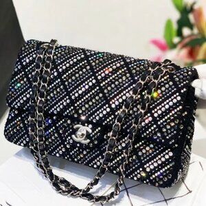 CHANEL Strass Swarovski Crystal Black Tweed Medium Classic Double Flap Bag